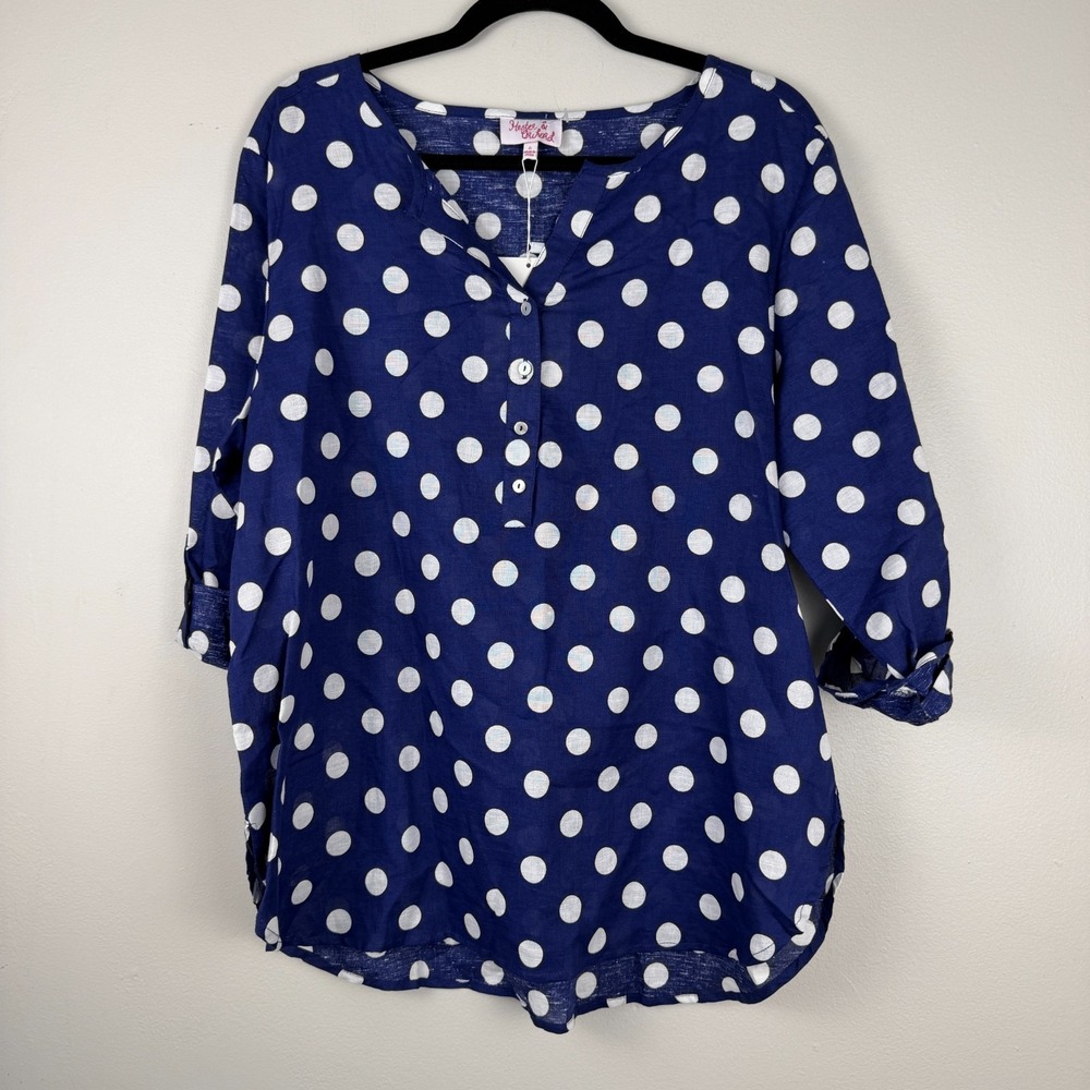 Hester‎ & Orchard Blouse Women's Large Navy White Polka Dot 3/4 Sleeve Pullover